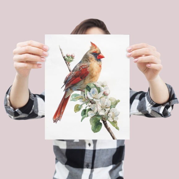 Watercolor Female Cardinal Bird with Flowers Wall Art Print Unframed - Picture 4 of 6